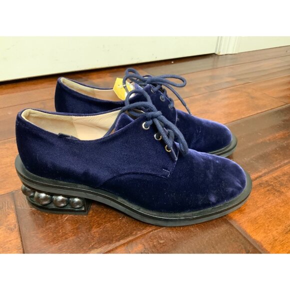 Nicholas Kirkwood Blue VelvetBlack Pearl Heel Oxford Shoes, Size 7.537.5